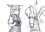  asymmetrical_hair asymmetrical_wings bat_wings blouse camera comic commentary_request flandre_scarlet flying_sweatdrops head_wings koakuma long_hair looking_at_another monochrome multiple_girls necktie short_hair short_sleeves side_ponytail sketch terimayo touhou translated wings 
