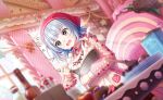  1girl blurry blurry_background blurry_foreground bokeh bowl cake commentary_request depth_of_field food game_asset hair_ribbon highres indoors long_sleeves low_twintails mixing_bowl motion_blur non-web_source official_art open_mouth ribbon self-datamine senju_iroha solo twintails world_dai_star 