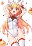  1girl animal_ear_hairband animal_ears blonde_hair blush bow bowtie breasts covered_navel fake_animal_ears hair_ornament hair_ribbon hairband highleg highleg_leotard highres hololive hololive_dev_is leotard long_hair multicolored_hair musical_note musical_note_hair_ornament navel open_mouth otonose_kanade playboy_bunny rabbit_ear_hairband rabbit_ears red_eyes red_ribbon ribbon sausage_duoduo simple_background strapless strapless_leotard thighhighs virtual_youtuber white_background white_wrist_cuffs wrist_cuffs 
