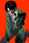  1boy absurdres angry black_blood black_hair blood blood_on_arm blood_on_clothes blood_on_face blood_on_hand blood_on_neck blue_pants brown_shoes chinese_commentary closed_mouth coat collared_shirt colored_blood commentary_request frown furrowed_brow green_coat highres kamen_rider kamen_rider_gavv_(series) karakida_hanto kneeling long_sleeves male_focus mioky open_clothes open_coat pants red_background red_eyes serious shirt shoes short_hair simple_background solo white_shirt wing_collar 