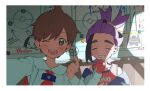  2boys arrow_(symbol) bin_aham black_hair blush border brown_eyes brown_hair closed_eyes finger_heart florian_(pokemon) gloves grin highres jacket kieran_(pokemon) long_sleeves looking_at_viewer male_focus multicolored_hair multiple_boys off_shoulder one_eye_closed open_clothes open_jacket open_mouth pokemon pokemon_scarlet_and_violet purple_hair red_gloves rhyperior selfie smile upper_body white_border whiteboard 