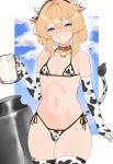  1boy absurdres animal_ear_hairband animal_ears animal_print bell bikini blue_sky bridget_(guilty_gear) bulge cloud commentary_request cow_ear_hairband cow_ears cow_print cow_print_bikini cow_print_gloves cow_tail cowbell cowboy_shot crossdressing crossdressing_(mtf) cup elbow_gloves fake_animal_ears fake_horns fake_tail glass gloves grin guilty_gear guilty_gear_strive hairband half-closed_eyes hand_up highleg highleg_bikini highres holding holding_cup horn_hairband horns male_focus milk naughty_face navel neck_bell print_bikini print_gloves side-tie_bikini_bottom sketch sky smile solo standing sweat swimsuit tail thighs trap udapoop variant_set wide_hips 