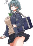  1girl absurdres alternate_costume alternate_hairstyle bag black_skirt blue_bag blush bow bowtie braid breasts collared_shirt commentary_request contemporary green_bow green_bowtie grey_hair grey_jacket hair_bow highres izayoi_sakuya jacket kuraki large_breasts long_sleeves looking_at_viewer notice_lines open_clothes open_jacket open_mouth pleated_skirt school_bag school_uniform shirt shoulder_bag side_braid simple_background single_braid skirt solo sweater thighs touhou white_background white_shirt yellow_sweater 