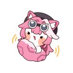  1girl 252_eyo animal_ears beret black_hat blue_eyes cat_ears cat_girl cat_tail chibi english_commentary goggles goggles_on_head hat highres hololive hololive_english long_hair looking_at_viewer multicolored_hair pink_hair pink_streaks raora_panthera solo streaked_hair tail very_long_hair virtual_youtuber white_background 