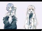  2girls alternate_costume black_jacket black_shirt blonde_hair blue_hair book braid braided_hair_rings chiyo_(believe) commentary_request copyright_request green_eyes hair_rings holding holding_book holding_rope iv_stand jacket jacket_partially_removed long_hair long_sleeves mahou_shoujo_no_majo_saiban multiple_girls noose off_shoulder open_mouth rope shirt short_hair simple_background smile suit tachibana_sherry tono_hanna twintails white_background white_shirt white_suit wide_sleeves yellow_eyes 