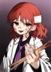  1girl :d absurdres bandaged_fingers bandaged_head bandages bandaid bandaid_on_face bandaid_on_nose black_shirt collared_shirt drumsticks highres holding holding_drumsticks horikawa_raiko jacket long_sleeves medium_hair necktie open_mouth purple_necktie red_eyes red_hair shirt smile solo soooooook2 touhou upper_body white_jacket 
