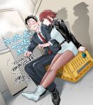  1boy 1girl absurdres belt black_belt black_hair black_jacket black_pants black_shoes black_suit blush boots brown_pantyhose cigarette collared_shirt commentary_request different_shadow dress highres jacket long_sleeves mmkmanga necktie open_clothes open_jacket pants pantyhose red_hair red_necktie salaryman sasaki_(super_no_ura_de_yani_suu_futari) second-party_source shirt shoes signature sitting smoking suit super_no_ura_de_yani_suu_futari tayama_(super_no_ura_de_yani_suu_futari) translation_request white_boots white_dress white_shirt yamada_(super_no_ura_de_yani_suu_futari) 
