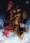  2boys after_kiss armpits bara belt blake_alexander bodysuit bulge clenched_hand come_hither commentary covered_abs cowboy_shot deadpool deadpool_&amp;_wolverine deadpool_(series) english_commentary highres knuckle_hair looking_at_viewer male_focus marvel mask mask_lift mature_male multiple_boys muscular muscular_male naughty_face partially_submerged red_bodysuit red_mask saliva saliva_trail standing stream superhero_costume tongue tongue_out torn_bodysuit torn_clothes wolverine_(x-men) yaoi 