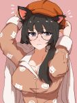 1girl adjusting_clothes adjusting_headwear animal_ears animal_print black_hair blanket blush breasts cat_ears cat_girl cat_print cleavage closed_mouth collarbone commentary_request glasses hanekawa_tsubasa hat highres monogatari_(series) orange_hat pajamas pink_background purple_eyes solo upper_body valhalla0707 