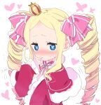  1girl akatsuki_(ggsy7885) beatrice_(re:zero) blonde_hair blue_eyes blush bow butterfly-shaped_pupils capelet commentary_request crown drill_hair embarrassed fur-trimmed_capelet fur_trim gradient_hair hair_bow hand_to_own_mouth heart highres long_hair looking_at_viewer mini_crown multicolored_hair pink_bow pink_pupils re:zero_kara_hajimeru_isekai_seikatsu red_capelet sidelocks solo sweat symbol-shaped_pupils twin_drills upper_body 