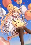  1girl ahoge balloon bird blonde_hair blush brown_dress commentary_request dress frills hair_ornament hair_ribbon highres hololive hololive_dev_is jacket long_hair musical_note musical_note_hair_ornament one_side_up open_mouth otonose_kanade otonose_kanade_(1st_costume) red_eyes red_ribbon ribbon sausage_duoduo shirt sitting swing thighhighs virtual_youtuber white_jacket 