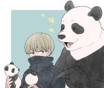  black_eyes black_jacket blonde_hair commentary_request covered_mouth heart holding holding_stuffed_toy inumaki_toge jacket jujutsu_kaisen jujutsu_tech_uniform male_focus mikey_uo panda panda_(jujutsu_kaisen) pointing school_uniform stuffed_animal stuffed_panda stuffed_toy 