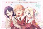  3girls 6th_live_dream_~bloom_garden_party~ :d ;d ^_^ absurdres blonde_hair blue_eyes blue_hair brown_cardigan brown_dress cardigan closed_eyes commentary_request crossed_bangs curtained_hair dress fang flower gradient_hair hair_flower hair_ornament hasu_no_sanrenka hasu_no_sora_school_uniform highres hinoshita_kaho long_hair long_sleeves love_live! love_live!_hasu_no_sora_jogakuin_school_idol_club medium_hair mole mole_on_neck multicolored_hair multiple_girls murano_sayaka neckerchief one_eye_closed open_cardigan open_clothes open_mouth orange_hair osawa_rurino parted_bangs pink_background pink_flower rabbit_hair_ornament raised_inner_eyebrows red_neckerchief sailor_collar sailor_dress school_uniform smile teeth translation_request two_side_up upper_body upper_teeth_only virtual_youtuber white_sailor_collar winter_uniform yumechiku 