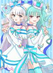  2girls :p anime_coloring aqua_bow aqua_bowtie aqua_hair aqua_hairband aqua_hat aqua_thighhighs argyle_background arm_warmers asako_(puiu9k) back_bow bag bag_bow bare_shoulders blue_border blue_bow blue_bowtie blue_choker blue_crown blue_eyes blunt_bangs border bow bow_choker bow_legwear bowtie brooch choker choppy_bangs clenched_hands closed_mouth collarbone commentary_request cowboy_shot crown crown_earrings cure_lillian cure_nyammy dress dress_bow earrings frilled_arm_warmers frilled_sleeves frilled_thighhighs frills grey_hair hair_bow hairband happy hat hat_bow heart heart_brooch high_side_ponytail highres jewelry long_hair magical_girl mini_crown mini_hat mini_top_hat multicolored_bow multiple_girls nekoyashiki_mayu nekoyashiki_yuki off-shoulder_dress off_shoulder open_mouth outside_border paw_pose pink_bow pink_eyes precure shiny_cats_pact short_dress short_sleeves side_ponytail single_stripe smile standing straight_hair strap striped_bow striped_bowtie striped_clothes tailcoat thighhighs tongue tongue_out top_hat tsurime vertical-striped_border very_long_hair waist_bag white_arm_warmers white_background white_bag white_bow white_dress white_thighhighs wonderful_precure! zettai_ryouiki 