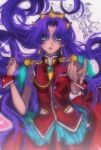 1girl aiguillette aqua_eyes bindi chinese_commentary commentary_request crown dress earrings floating_earrings happy2ni highres himemiya_anthy jewelry long_hair parted_lips purple_hair red_dress red_wrist_cuffs shoujo_kakumei_utena sleeveless sleeveless_dress solo very_long_hair wrist_cuffs 