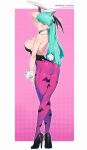  1girl absurdres animal_ear_hairband animal_ears animal_print arm_behind_back ass backless_leotard bare_shoulders bat_print bat_wings black_leotard black_shoes border breasts cesar_art456 character_name commentary crossed_legs darkstalkers demon_girl detached_collar english_commentary fake_animal_ears green_eyes green_hair hairband halftone head_wings high_heels highres large_breasts leotard light_blush long_hair looking_at_viewer missing_wings morrigan_aensland outline outside_border pantyhose parted_lips pink_background playboy_bunny print_pantyhose pumps purple_pantyhose rabbit_ear_hairband rabbit_ears rabbit_tail seamed_legwear shoes side-seamed_legwear solo strapless strapless_leotard tail thong thong_leotard very_long_hair white_border white_outline white_wrist_cuffs wings wrist_cuffs 