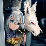  1girl :o animal blue_eyes blue_hair burger clip_studio_paint commentary eudetenis food french_fries frills grey_hair hair_between_eyes holding holding_food horns long_sleeves looking_at_viewer medium_hair multicolored_hair open_mouth original rain red_eyes sharp_teeth shirt solo streaked_hair sweat teeth upper_body variant_set white_hair wolf 