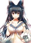  animal_ears black_hair blush breasts cleavage finger_to_mouth fox_ears hair_ribbon hand_on_own_chest hinazuka_ryou large_breasts long_hair looking_at_viewer navel orange_eyes original ribbon skirt skirt_lift smile solo upper_body white_background 