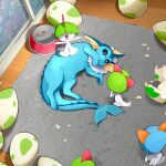  alternate_color bed black_sclera bowl broken_egg carpet character_request colored_sclera colored_skin commentary egg english_commentary fins fish_tail head_fins highres indoors khyle. lying multiple_others no_humans on_side pet_bowl pokemon pokemon_(creature) pokemon_egg ralts sheet_grab shiny_pokemon tail vaporeon white_skin 