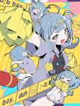  >_< 1girl :d ahoge aqua_hair arm_up bandaid bandaid_on_knee bandaid_on_leg blue_eyes blush_stickers chibi collared_shirt commentary_request emoji english_text flower-shaped_pupils hammer hatsune_miku highres holding holding_hammer holding_pom_poms jacket jumping leg_warmers looking_at_viewer multiple_views neenya_(deco27) o_o one_eye_closed pink_shoes pom_pom_(cheerleading) purple_jacket shirt shoes short_sleeves short_twintails smile symbol-shaped_pupils telepathy_(vocaloid) toy_hammer track_jacket twintails vocaloid white_leg_warmers yana_(gsgk0jxuweehcss) yellow_pupils 