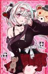  1girl :q ;q black_choker black_shirt blunt_bangs blush breasts choker commentary_request cowboy_shot eyewear_on_head facial_mark head_tilt heart heart_facial_mark honkai:_star_rail honkai_(series) jewelry long_sleeves looking_at_viewer medium_breasts miniskirt multicolored_hair necklace official_alternate_costume official_alternate_hairstyle one_eye_closed pink_eyes red_skirt red_streaks shirt simple_background single_bare_shoulder single_off_shoulder skirt solo sparkle_(honkai:_star_rail) sparxie_(candy-coated_waves)_(honkai:_star_rail) sparxie_(honkai:_star_rail) spriggan030 standing streaked_hair stuffed_animal stuffed_toy sunglasses teddy_bear tongue tongue_out twintails white_hair 