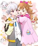  >_< 1boy 1girl animal annoyed antenna_hair aqua_bag asako_(puiu9k) bag bag_bow bare_arms bare_legs blue_necktie blue_ribbon blush_stickers border bow bowtie brown_hair buttons closed_mouth clothed_animal collared_shirt commentary_request delicious_party_precure dog dot_nose dress dress_shirt dual_persona frilled_sleeves frills frown grey_hair grey_jacket grey_pants hair_bow hair_ears hand_on_another's_arm heart high_ponytail highres hood hood_down hooded_dress hug inukai_komugi inukai_komugi_(dog) jacket jersey leg_up long_hair long_sleeves lop_rabbit motion_lines multicolored_bow neck_ribbon necktie open_mouth outside_border pants papillon_(dog) paw_print pink_background pink_bow pink_bowtie pink_dress pink_ribbon pocket ponytail precure puffy_long_sleeves puffy_short_sleeves puffy_sleeves ribbon shirt short_dress short_hair short_sleeves sigh sleeves_past_wrists smile speed_lines suit_pants toyama_daifuku toyama_daifuku_(civilian) toyama_daifuku_(rabbit) tsurime waist_bag white_border white_rabbit_(animal) white_shirt yellow_sleeves 