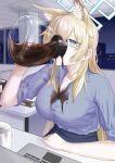  1girl absurdres animal_ear_fluff animal_ears black_skirt blonde_hair blue_archive blue_eyes blue_halo blue_shirt breasts coffee coffee_pot collarbone collared_shirt commentary_request dog_ears dog_girl drinking exhausted extra_ears hair_over_one_eye halo highres holding holding_coffee_pot indoors kanna_(blue_archive) large_breasts long_hair shirt sitting skirt sleeves_rolled_up solo spilled_drink stained_clothes tokageman2069 very_long_hair 