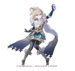  1girl armor barefoot closed_mouth commentary_request dragonstone feet female_kana_(fire_emblem) female_kana_(resplendent)_(fire_emblem) fire_emblem fire_emblem_fates fire_emblem_heroes full_body grey_eyes grey_hair hair_between_eyes hair_bun hayama_eishi holding looking_at_viewer official_alternate_costume official_art open_mouth pointy_ears scarf simple_background single_hair_bun solo toes white_background white_scarf 