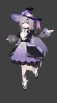  1girl 3d :d ankle_socks ascot asymmetrical_sidelocks back_bow belt black_belt black_dress black_hat black_overskirt black_shoes blender_(medium) bow bowtie brooch cat_brooch cat_hat_ornament cel_rendering child chinese_commentary commentary_request dot_nose dress fish_hair_ornament fold-over_socks full_body gradient_hair grey_background grey_hair grey_sleeves hair_ornament hairclip hat hat_bow hat_ornament herta_(honkai:_star_rail) highres honkai:_star_rail honkai_(series) jewelry jieyan juliet_sleeves key knees leg_up long_hair long_sleeves looking_at_viewer medium_dress multicolored_hair outstretched_arms overskirt parallel_hairclips puffy_sleeves purple_bow purple_dress purple_eyes purple_trim shoes sidelocks simple_background sleeve_garter smile socks solo spread_arms standing standing_on_one_leg straight_hair swept_bangs t-bar_sandals the_herta_(honkai:_star_rail) the_herta_(little_cat)_(honkai:_star_rail) two-tone_dress very_long_hair white_ascot white_bow white_bowtie white_socks wide_sleeves witch_hat 