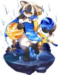  1girl animal_ears animal_hands ball bell black_hair blue_hair blue_kimono bow breasts brown_hair cat_ears cat_girl cat_tail furry furry_female gloves hagi_(monster_musume_td) holding holding_ball japanese_clothes kimono large_breasts monster_musume_td multicolored_hair neck_bell neck_ribbon official_art okiai_umi paw_gloves paw_print rain red_ribbon ribbon solo splashing standing standing_on_one_leg tail tail_ornament tail_ribbon undressing waist_bow white_background white_hair yellow_bow yellow_eyes 