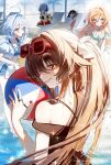  5girls alternate_costume alternate_hairstyle antlers ball beach beachball bikini black_hair black_one-piece_swimsuit blue_bikini blue_eyes blush breasts brown_hair columbina_(genshin_impact) commentary_request day deer_antlers eyewear_on_head flower-shaped_pupils furina_(genshin_impact) genshin_impact green_bikini green_eyes grey_hair grin highres horns hu_tao_(genshin_impact) imasaki_kei jacket looking_at_viewer medium_breasts multiple_girls one-piece_swimsuit orange_hair ponytail red_eyes sandrone_(genshin_impact) smile swimsuit symbol-shaped_pupils white_jacket yanfei_(genshin_impact) 