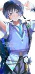  1boy 4the2ofus aqua_gem arms_up artist_name backpack bag belt belt_buckle beret black_bag black_belt black_hair black_hat black_shorts blue_necktie blunt_ends buckle chain closed_mouth collared_shirt contemporary cropped_vest curled_fingers dated eyeliner feathers gem genshin_impact gold grey_pupils hat highres insignia looking_at_viewer makeup male_focus midriff_peek navel necktie o-ring official_alternate_costume pom_pom_(clothes) purple_eyes purple_sweater_vest purple_vest red_eyeliner safety_pin scaramouche_(cat)_(genshin_impact) scaramouche_(genshin_impact) school_uniform shirt short_sleeves shorts signature solo sweater_vest tsurime twitter_username undershirt upper_body vest wanderer_(genshin_impact) wanderer_(mega_mgc_coffee)_(genshin_impact) white_background white_shirt white_sleeves wispy_bangs wrist_cuffs yellow_feathers 