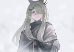  1girl absurdres animal_ears arknights awro black_gloves black_sweater breath capelet closed_mouth commentary frostnova_(arknights) gloves grey_background grey_capelet grey_eyes grey_hair grey_theme hair_ornament hair_over_one_eye hairclip highres long_hair long_sleeves one_eye_covered outstretched_hand parallel_hairclips scar scar_on_face scar_on_nose solo sweater turtleneck turtleneck_sweater upper_body 