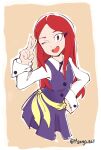  1girl border brown_background brown_eyes collared_shirt commentary dress english_commentary eyelashes hair_ornament hairclip hand_on_own_hip highres little_witch_academia long_hair mangodevourer neck_ribbon one_eye_closed open_mouth pinafore_dress purple_dress purple_ribbon red_hair ribbon sarah_bernard shirt simple_background sleeveless sleeveless_dress smile solo teeth twitter_username upper_teeth_only v white_border white_shirt 