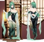  1girl ass ayamo_kaoru black_hat blush breasts brown_eyes cleavage closed_mouth commentary_request commission detached_sleeves dress eyebrows_hidden_by_hair from_behind full_body green_dress green_hair green_shoes green_thighhighs hat high_heels highres holding holding_smoking_pipe large_breasts long_hair looking_at_viewer mini_hat multiple_views nail_polish original shoes skeb_commission smile smoking smoking_pipe stiletto_heels thighhighs 