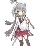  1girl amakaze_sora animal_ear_fluff animal_ears axe bell black_shirt black_thighhighs blush closed_mouth double-sided_axe grey_eyes grey_hair grey_scarf holding holding_axe jacket jingle_bell long_sleeves one_side_up open_clothes open_jacket original pleated_skirt red_skirt scarf shirt simple_background skirt solo thighhighs white_background white_jacket wide_sleeves 