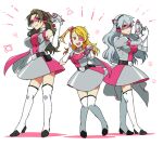  3girls :d ;d blonde_hair boots breasts brown_hair catgirl0926 commentary_request dress energy_gun genderswap genderswap_(mtf) gloves grey_dress grey_hair gun hazama_michio holding holding_gun holding_weapon idolmaster idolmaster_side-m large_breasts long_hair looking_at_viewer maita_rui multiple_girls one_eye_closed one_side_up pink_dress pink_eyes ray_gun s.e.m_(idolmaster) simple_background smile standing thigh_boots two-tone_dress weapon white_background white_boots white_gloves yamashita_jiro 