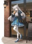  1girl absurdres ahoge alc.3vol alternate_costume animal_ear_fluff animal_ears aqua_ribbon arknights arknights:_endfield bag belt belt_buckle black_cardigan blue_eyes blue_shoes blue_skirt brown_belt buckle buttons cardigan collared_shirt commentary cup disposable_cup drink drinking_straw endfield_industries_logo fingernails flower frilled_skirt frills full_body grey_hair hair_intakes hair_ornament highres holding holding_drink leg_up long_hair long_sleeves looking_at_viewer menu_board neck_ribbon open_cardigan open_clothes pantyhose perlica_(arknights) pleated_skirt pointing pointing_at_viewer red_ribbon ribbed_cardigan ribbon shirt shoes skirt solo standing standing_on_one_leg two-tone_ribbon unbuttoned white_flower white_pantyhose white_shirt yellow_pupils 