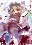  1girl abstract_background absurdres ascot blonde_hair blood blood_from_mouth bow collared_shirt commentary_request crystal crystal_wings fangs flandre_scarlet frilled_shirt_collar frills full_body garter_straps hat hat_bow highres mob_cap multicolored_wings murase_uo one_side_up red_bow red_eyes red_skirt red_vest shirt shoes short_sleeves skirt skirt_set solo thighhighs touhou vest white_hat white_shirt white_thighhighs wings yellow_ascot 