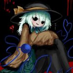  1girl black_background black_eyes black_hat black_pantyhose blush bow buttons collared_shirt diamond_button disembodied_linked_eye empty_eyes eyeball floral_print frilled_shirt_collar frilled_sleeves frills green_hair green_skirt hair_between_eyes hat hat_bow heart heart_of_string heripantomorrow komeiji_koishi long_hair long_sleeves open_mouth pantyhose print_skirt rose_print shirt simple_background sitting skirt sleeves_past_fingers sleeves_past_wrists smile solo touhou translation_request wide_sleeves yellow_bow yellow_shirt 