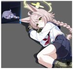  1girl animal_ears black_shorts black_socks blue_archive blue_sailor_collar blue_skirt blush boots braid brown_hair closed_mouth commentary english_commentary fox_ears fox_girl game_screenshot_inset gloves green_boots green_eyes green_gloves green_halo halo highres long_hair melissa_v2 neckerchief otogi_(blue_archive) red_neckerchief reference_inset sailor_collar school_uniform screenshot_inset serafuku shirt short_shorts shorts shorts_under_skirt skirt smile socks solo upskirt very_long_braid very_long_hair white_shirt 