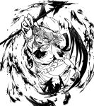  1girl ascot bat_wings brooch commentary_request greyscale hat hat_ribbon highres holding holding_polearm holding_weapon jewelry looking_at_viewer medium_hair mizuni_takenoko mob_cap monochrome pointy_ears polearm puffy_short_sleeves puffy_sleeves remilia_scarlet ribbon shirt shoes short_sleeves skirt sleeve_bow socks solo spear spear_the_gungnir touhou weapon wings wrist_cuffs 