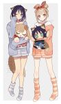  2girls absurdres animal_ears blue_cardigan blue_hair blue_shorts blue_socks brown_eyes brown_hair camisole cardigan character_doll cho_kaguya-hime! closed_mouth colored_inner_hair commentary_request doll extra_ears forehead_jewel fox_ears fox_girl fox_tail highres kaguya_(cho_kaguya-hime!) kaguya_(tsukuyomi)_(cho_kaguya-hime!) multicolored_hair multiple_girls no_shoes orange_cardigan orange_shorts orange_socks rabbit_ears rabbit_girl sakayori_iroha sakayori_iroha_(tsukuyomi) shirt shorts sleeves_past_fingers sleeves_past_wrists socks striped_clothes striped_socks tail tied_ears urtk07 white_camisole white_shirt 