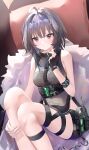  1girl absurdres ahoge arknights bare_shoulders black_gloves black_hair black_jacket black_shorts blush breasts brown_eyes chinese_commentary closed_mouth commentary_request dot_mouth expressionless feet_out_of_frame finger_heart fingerless_gloves fingernails framed_breasts gloves hair_intakes hair_ornament hairclip hand_on_own_leg hand_up highres jacket la_pluma_(arknights) medium_breasts medium_hair ruo_xiao_wuli shin_strap short_shorts shorts sleeveless sleeveless_jacket solo 
