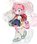  1girl amy_rose arm_behind_head backpack bag bandages bandaid bandaid_on_knee bandaid_on_leg bike_shorts bike_shorts_under_skirt blue_shoes boxing_gloves bracelet character_charm charm_(object) commentary dokukiui english_commentary flying_sweatdrops furry furry_female green_eyes hedgehog_girl highres itabag jewelry leg_warmers light_blush looking_at_viewer pink_fur pink_nails red_bag school_uniform shoes simple_background smile solo sonic_(series) star_(symbol) star_sticker sticker striped_leg_warmers 