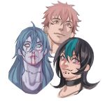  3boys absurdres ahoge androgynous aqua_hair black_choker black_hair blood blue_eyes blue_hair brown_eyes choker english_commentary eyelashes heterochromia highres itadori_yuji jujutsu_kaisen kawapiss long_hair mahito_(jujutsu_kaisen) male_focus medium_hair multicolored_hair multiple_boys nosebleed orange_pupils pink_hair portrait purple_eyes scar scar_on_cheek scar_on_face short_hair simple_background smile stitched_face stitches streaked_hair white_background yellow_eyes 
