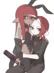  2boys animal_ear_hairband animal_ears black_gloves black_jacket black_leotard black_pants black_shirt black_thighhighs black_vest blush bottle clothes_down commentary_request covered_navel crossdressing crossdressing_(mtf) dark-skinned_male dark_skin detached_collar fake_animal_ears gloves hairband half_gloves hand_on_another's_shoulder highleg highleg_leotard highres holding holding_bottle hug inkling inkling_boy inkling_player_character jacket kneeling_on_person leotard long_hair male_focus multiple_boys nao_(pixiv92881824) necktie nine_(bepe) octoling octoling_boy octoling_player_character open_clothes open_jacket open_mouth pants pointy_ears rabbit_ear_hairband rabbit_ears red_eyes red_hair red_necktie shirt simple_background splatoon_(series) strapless strapless_leotard tentacle_hair thighhighs trap vest white_background wine_bottle yaoi 