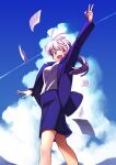  1girl :d arm_up blazer blue_jacket blue_skirt blue_sky breasts clip_studio_paint cloud cloudy_sky commentary contrail cumulonimbus_cloud day eudetenis feet_out_of_frame hair_ornament hairclip highres jacket long_hair long_sleeves looking_at_viewer medium_breasts office_lady open_clothes open_jacket open_mouth original outdoors paper pencil_skirt ponytail purple_eyes purple_hair purple_jacket shirt skirt skirt_suit sky smile solo standing suit v white_shirt 