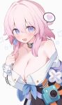  1girl bare_shoulders black_choker black_skirt blue_eyes blue_ribbon blue_shirt blush bow breasts choker cleavage collarbone commentary_request earrings gradient_eyes grey_background hair_intakes heart highres hone_kawa honkai:_star_rail honkai_(series) huge_breasts jacket jewelry long_hair long_sleeves looking_at_viewer march_7th_(honkai:_star_rail) march_7th_(preservation)_(honkai:_star_rail) multicolored_eyes open_mouth pink_eyes pink_hair polaroid_camera purple_jacket revision ribbon ribbon_earrings shirt simple_background single_earring skirt smile solo spoken_heart two-tone_eyes white_bow 