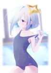  1girl amane_kanata armpit_crease ass_visible_through_thighs asymmetrical_sidelocks bare_arms bare_shoulders blue_eyes blue_hair blue_nails blue_one-piece_swimsuit blurry blurry_background blush breasts capuchi_(111cappuccino) clothes_pull collarbone commentary_request contrapposto covered_navel cowboy_shot feathered_wings grey_hair hair_bun hair_over_one_eye halo hand_up highres hololive looking_afar mini_wings multicolored_hair nail_polish old_school_swimsuit one-piece_swimsuit one-piece_swimsuit_pull parted_bangs pool school_swimsuit short_hair_with_long_locks sidelocks single_hair_bun small_breasts solo star_halo strap_pull streaked_hair swimsuit virtual_youtuber white_wings wings yellow_halo 